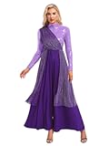 Womens Shimmery Asymmetric Praise Dance Dresses Overlay Dress + Wide-Leg Pants Liturgical Dancewear