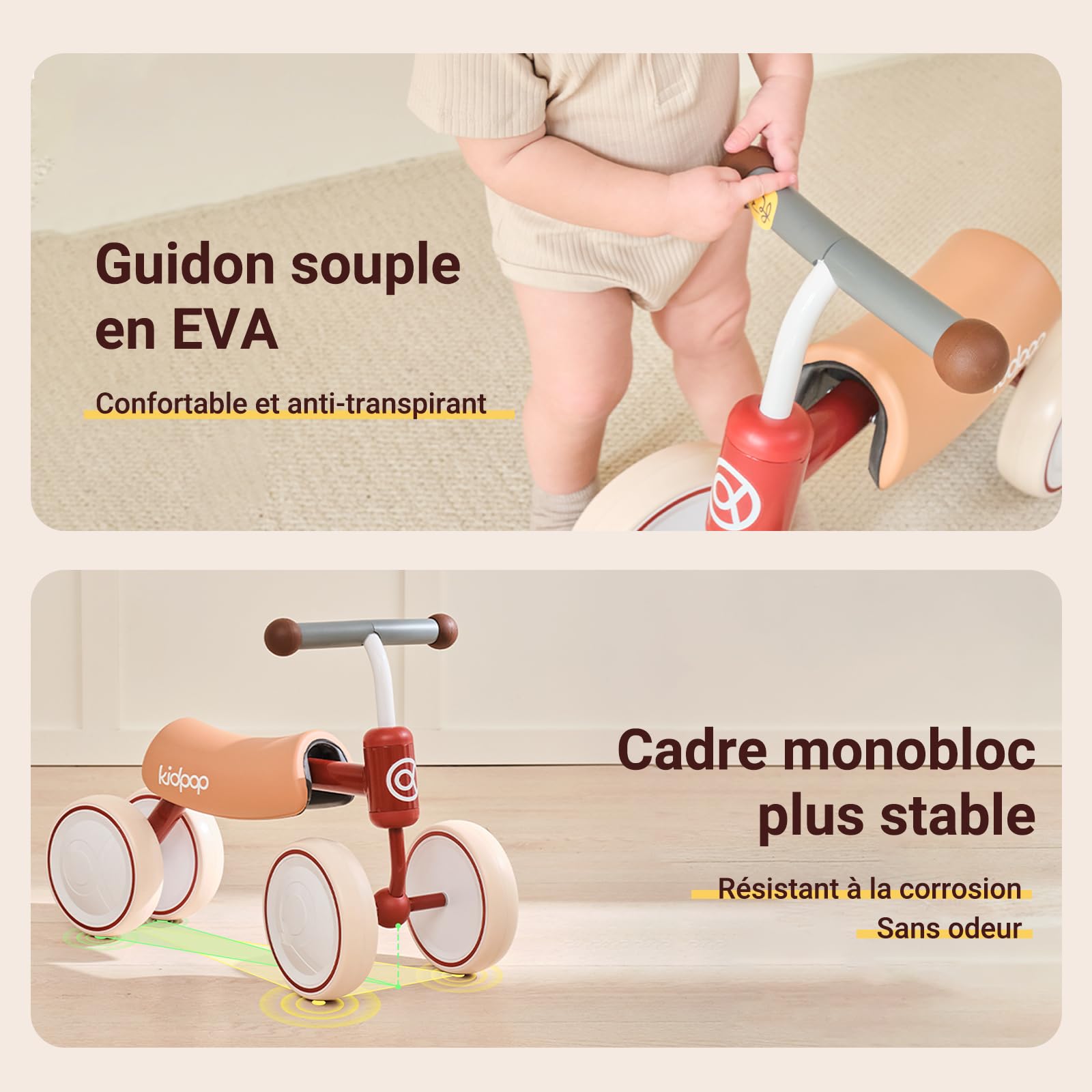 kidpop Vélo d'Équilibre Big Bee (Unisexe), Vélo à Quatre Roues, Jouet à Pousser pour Tout-Petits de 1 à 2 Ans