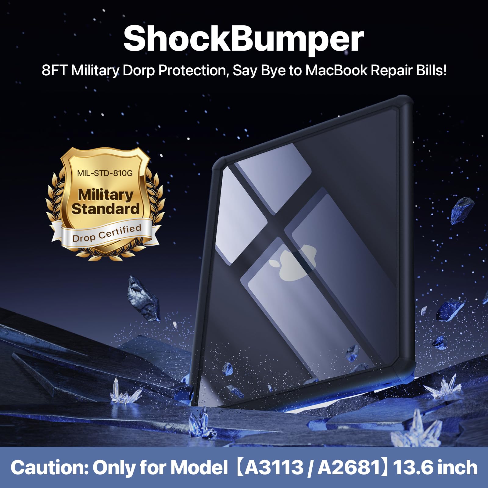 Soonjet Custodia per MacBook Air 13" | M5 M4 M3 M2 2026-2022 13.6'' | Profi ShockBumper | Protezione contro le cadute militare | Cover rigida trasparente | Nero cristallo