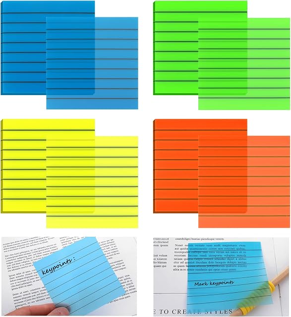 Abeillo 200 Sheets Lined Transparent Sticky Note Pads, 3x3 Inch Clear Post it Note, Waterproof Translucent Memo Tabs with Lines, Books Annotating Tabs for School Office, Colorful
