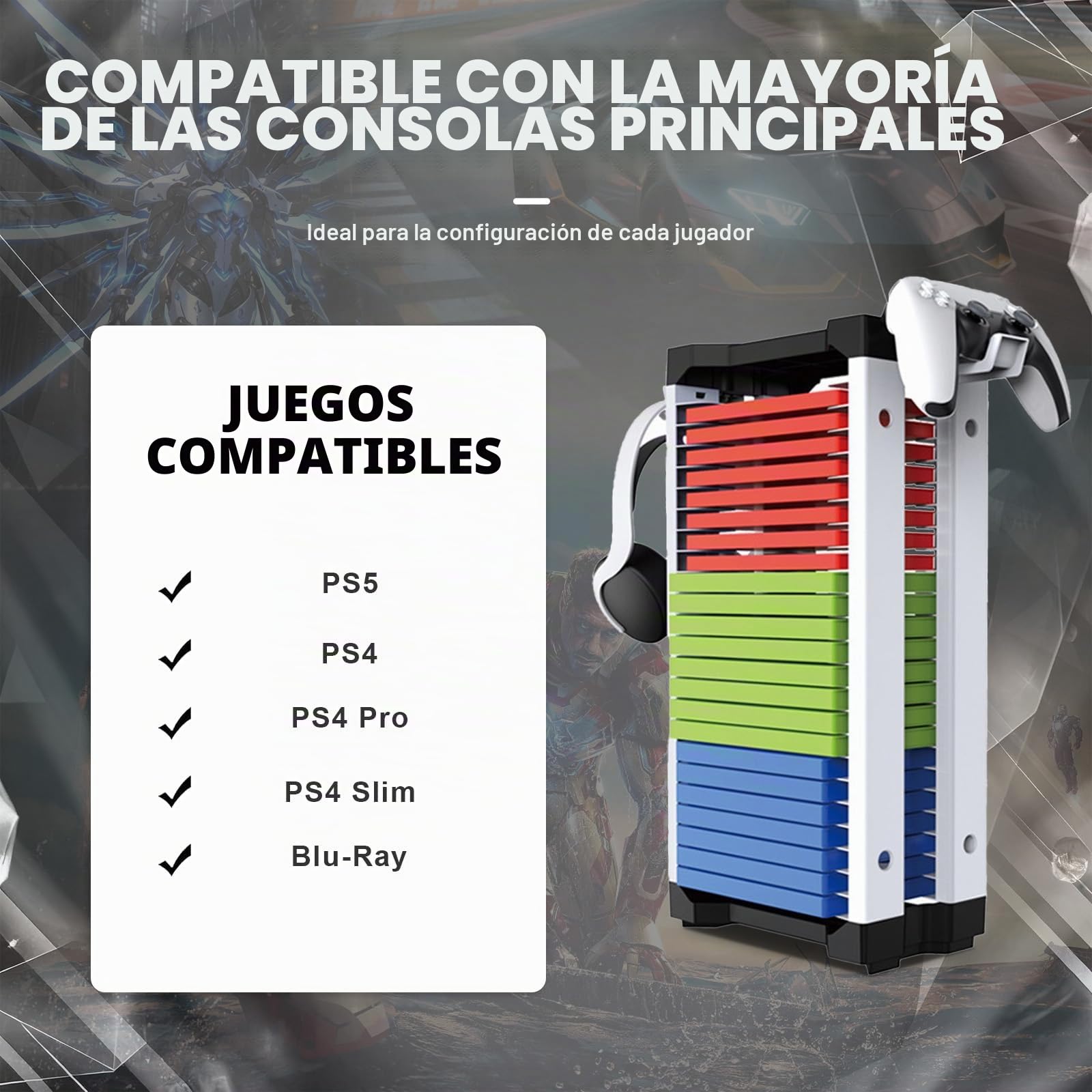 Soporte para discos de juegos, torre de almacenamiento de juegos PS5 con 2 ganchos, 23 discos de CD de juegos, Vertical & Horizontal Estantería Discos, para juegos PS5/Xbox/Nintendo Switch