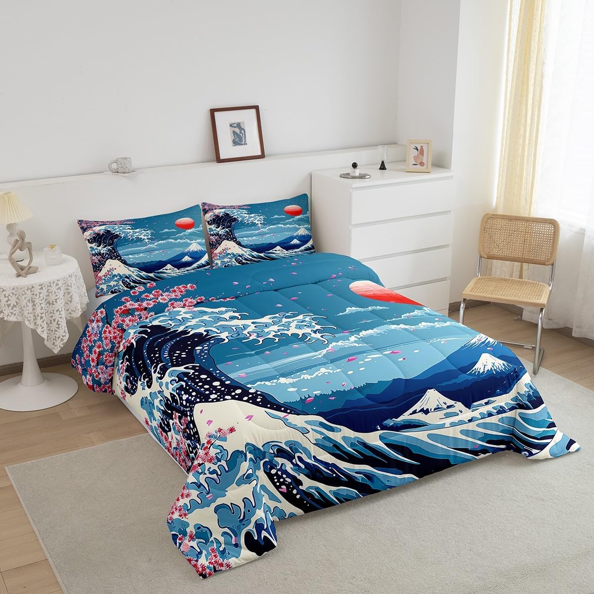 Castle Fairy Ukiyoe Ocean Queen Comforter Set,Japanese Style Cherry Blossom Down Alternative Comforter Adults Bedroom Decor,Blue Mountain with Sunrise Ultra Soft Microfiber Inner Fill 3Pcs Bedding