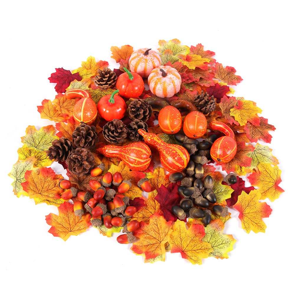 Lifreer Multicolor 166Pcs Halloween Decoration, Including Mini Artificial Pumpkins, Fall Maple Leaves, Acorns, Gourds, Pine Cones, Halloween Table Decoration For Halloween Autumn Thanksgiving Decoration