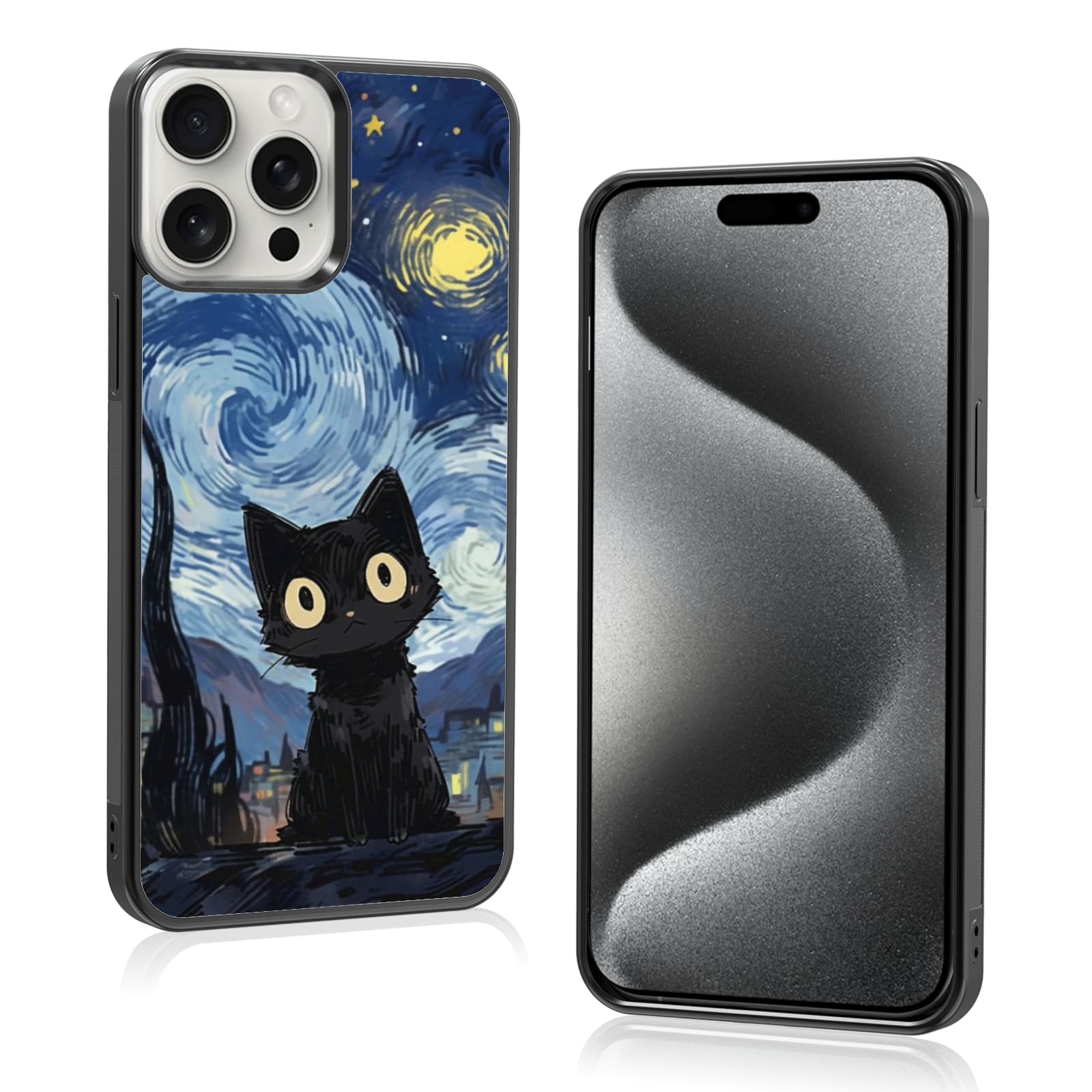 Cute Starnight Cat Phone Case, Van Gogh Cute Cat Pattern iPhone 15 Pro Max Case, Non-Slip Design and Shock Absorption, Phone Case for Teen Girls, Boys