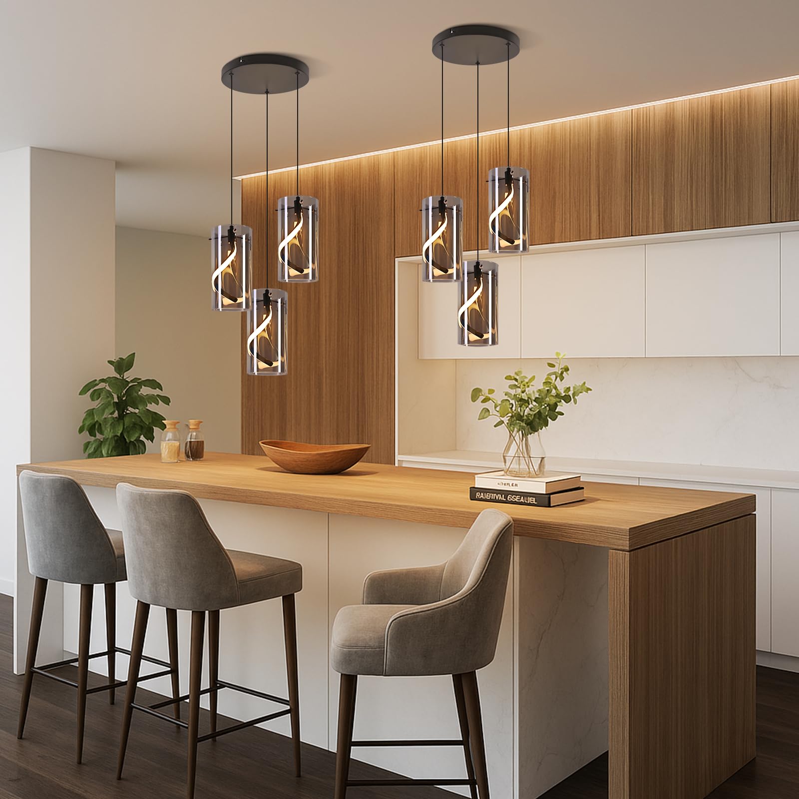 LED Hängelampe Esstisch 3-flammig, 33W Hängelampe aus Rauchglas | Höhenverstellbare Pendellampe Vintage Industrial, Warmweiß 3000K, Moderne Esstischlampe für Esszimmer, Küche und Wohnzimmer