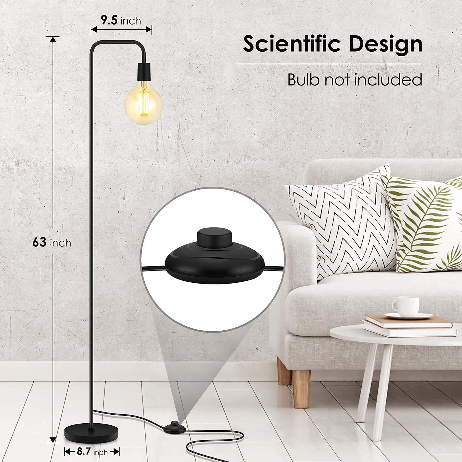 Lampa stojąca w stylu industrialnym, 63'' wysokości, nowoczesna, czarna, metalowa lampa stojąca z gniazdem E26 i przełącznikiem nożnym, minimalistyczna lampa podłogowa w stylu vintage do salonu, syp