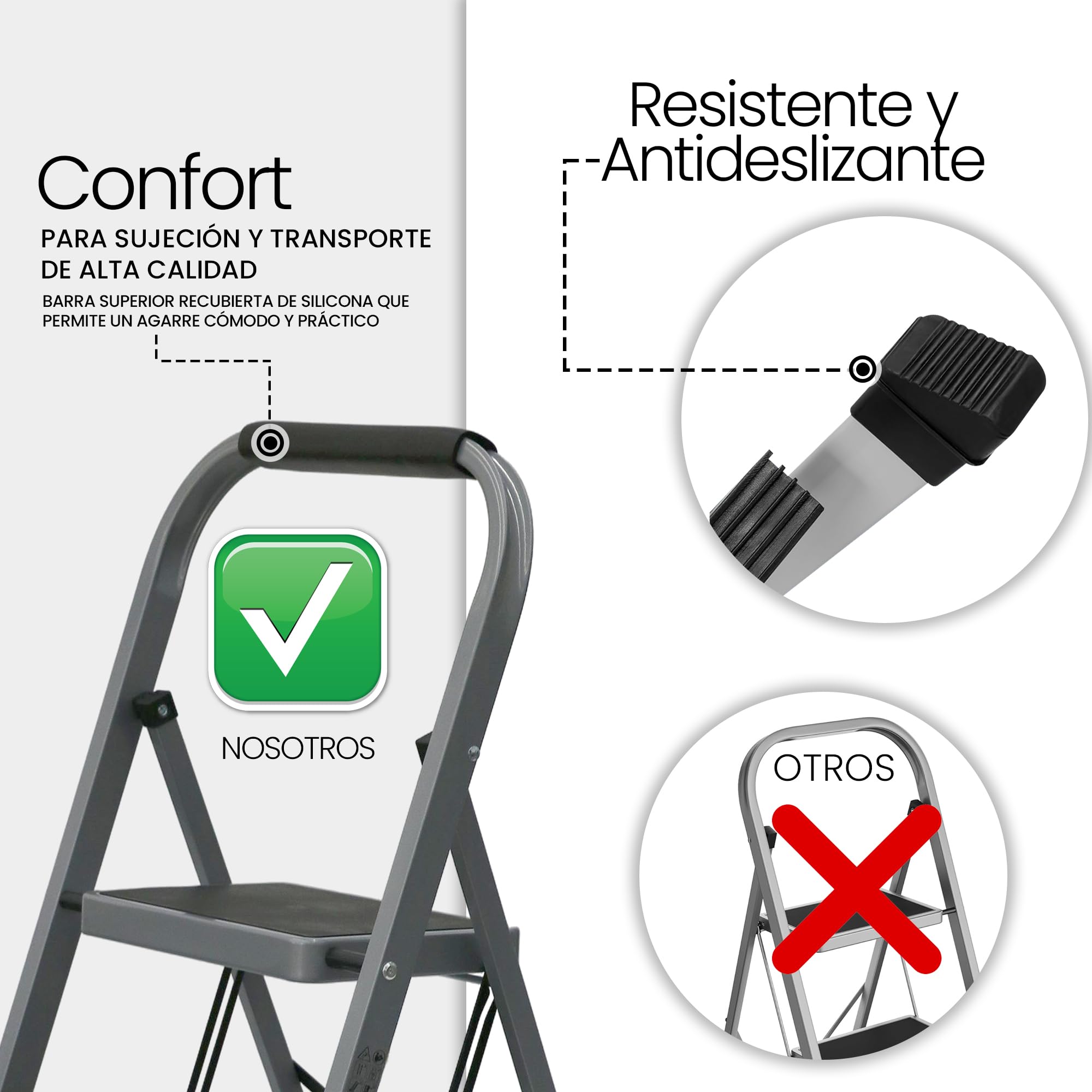 UZIRO Escalera Plegable 3 Peldaños -Estructura de Acero y Peldaño Antideslizante - Asa Superior de Goma - Escaleras Plegables Domésticas - Step Ladder para Hogar (Gris, 3 Peldaños)