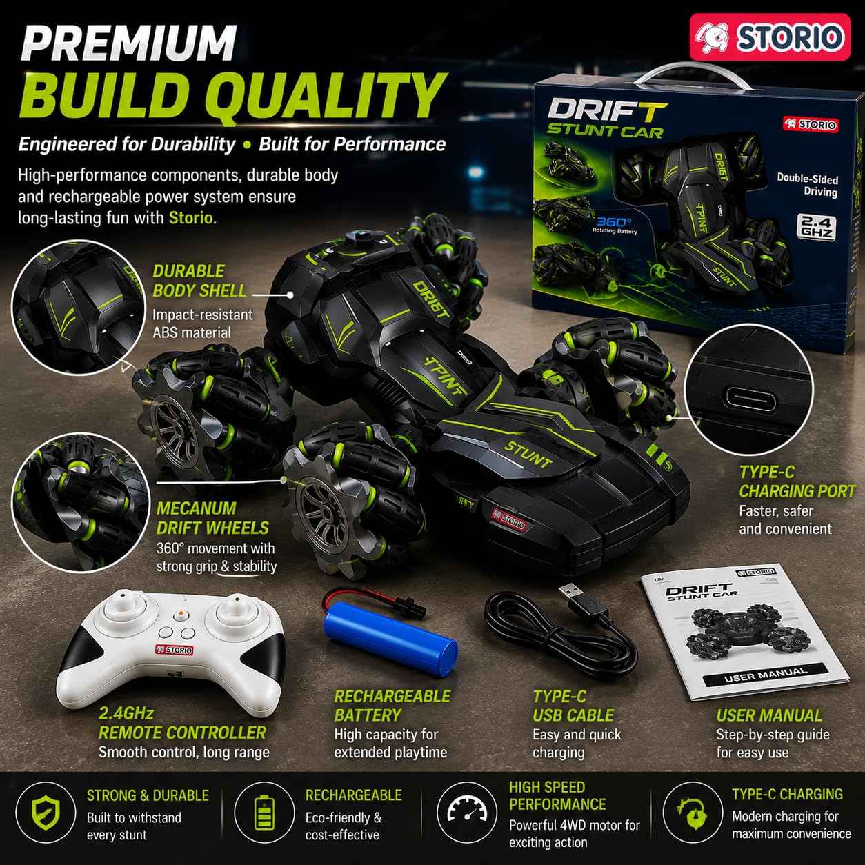 Storio Rechargeable Remote Control Car Toy, RC Car 4x4 Drift Stunt Car — Amazon image 5