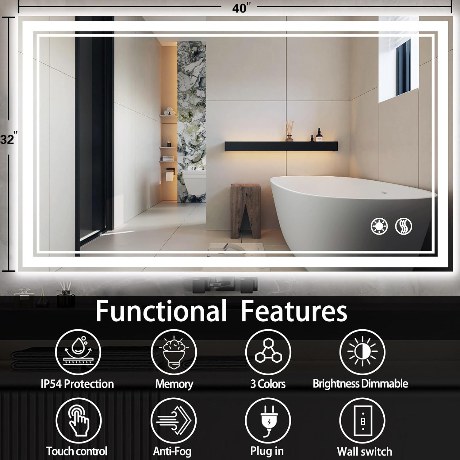 32 x 40'' LED Bathroom Mirror Anti-Fog Frameless LED Mirror for Bathroom 3 Colors Dimmable Brightness Lights High Definition Vanity Mirror Touch Sensor Wall Switch Control Wall Mounted Home Decor