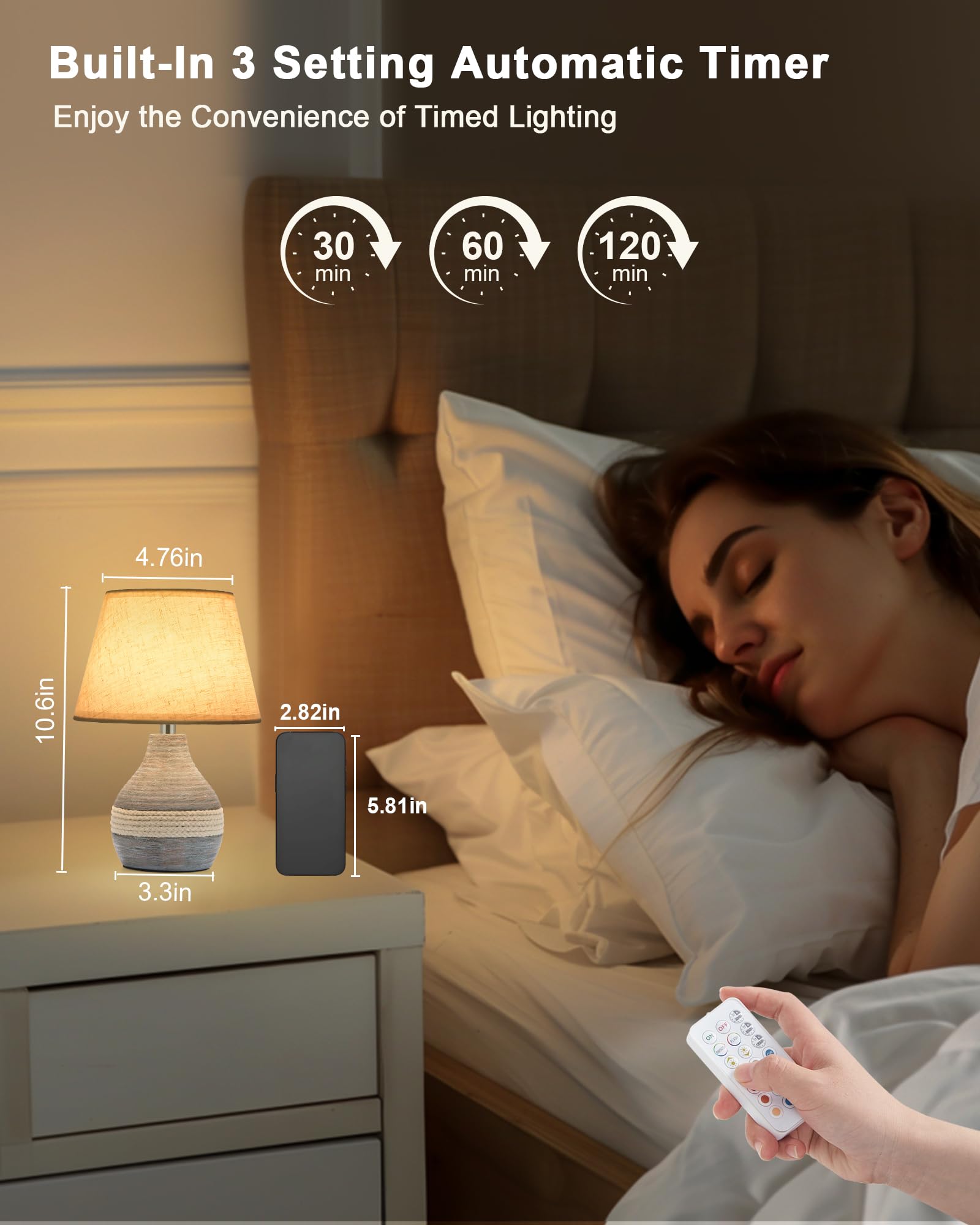 Lámpara de mesa pequeña de cerámica inalámbrica de 10 pulgadas con temporizador, atenuador, pantalla de lino, control remoto, luz de batería recargable para patio, mesita de noche, cocina, mesa 4