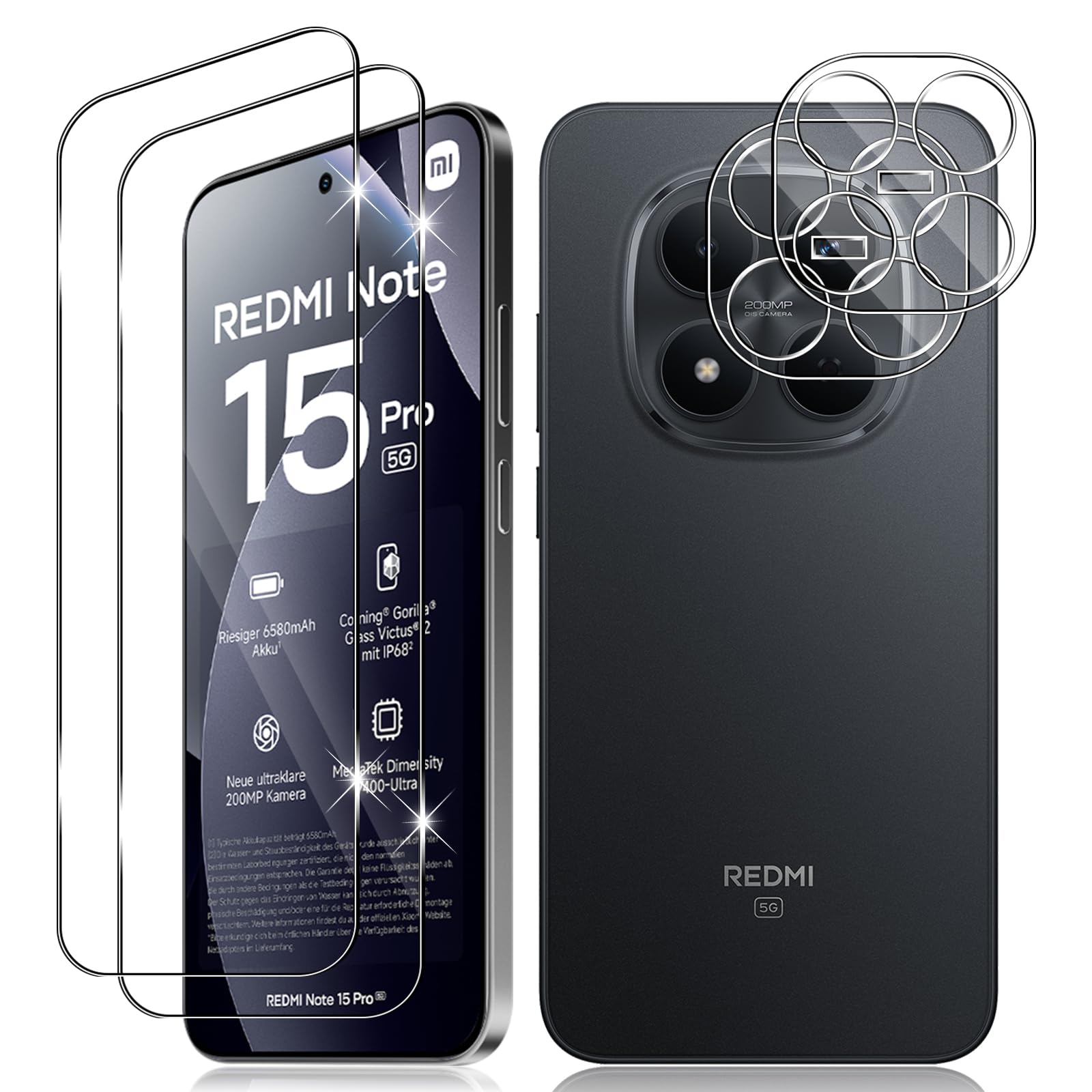 Vanrain Schutzfolie für Panzerglas für Xiaomi Redmi Note 15 Pro 5G, 2+2 Stück Panzer Schutz Glas und Kameraschutz, 9H Härte Schutzglas HD Klar Anti-Kratze