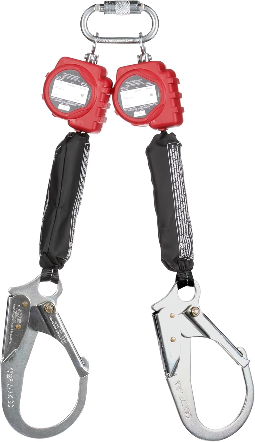 3M Protecta Twin-Leg Self-Retracting Lifeline with Carabiner 3100512, Web, Steel Rebar Hooks, 6ft.