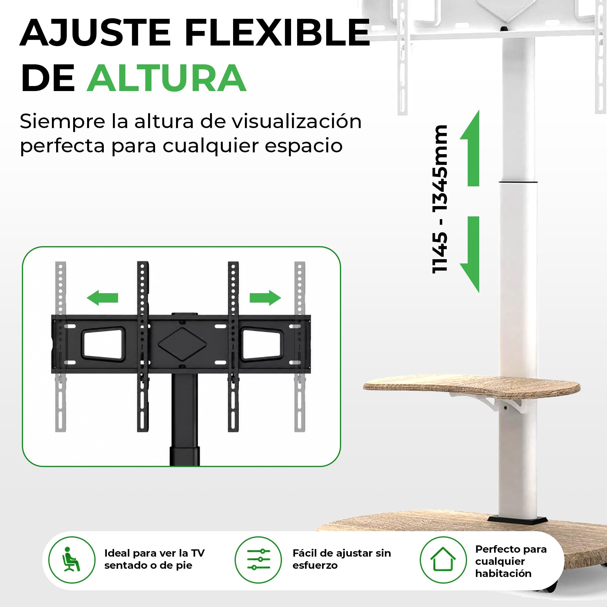 Stellar Soporte TV Pie Rodante con Estantería de Madera - Stand Giratorio de Altura Ajustable con Ruedas para TV de 32-70" de hasta 45 kg - Soporte Ruedas Universal VESA Máx. 600x400mm