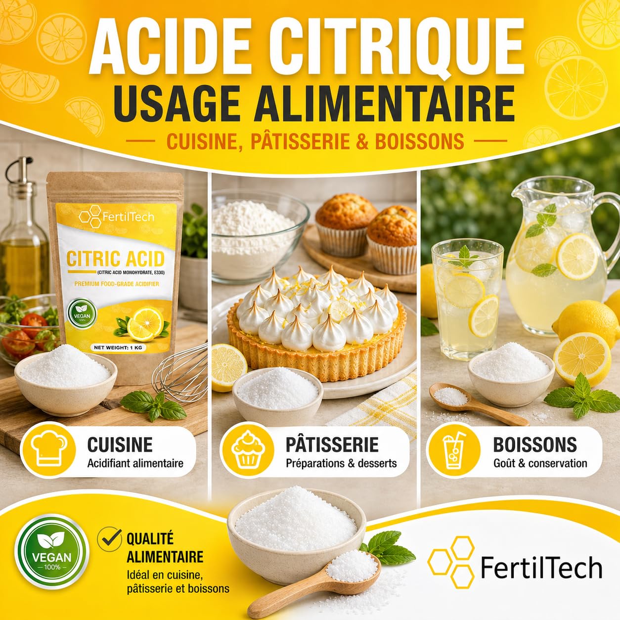 FertilTech Acide Citrique Monohydraté 1.5 kg E330 Qualité Alimentaire 100% Pur Pour Usages Alimentaires Cuisine et Pâtisserie Convient Aussi au Nettoyage Naturel Vegan