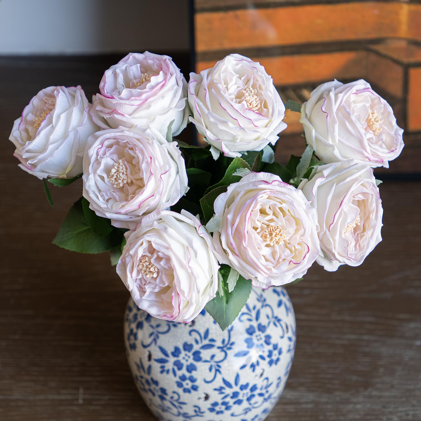 DUYONE Light Pink 4pcs Fake Flowers for Decoration Home Decor Real Touch Artificial Flowers Austin Rose Peony Latex Fake Flower Living Room Decoration Vivid Pink Roses Peonies(Pink Edge 4pcs)