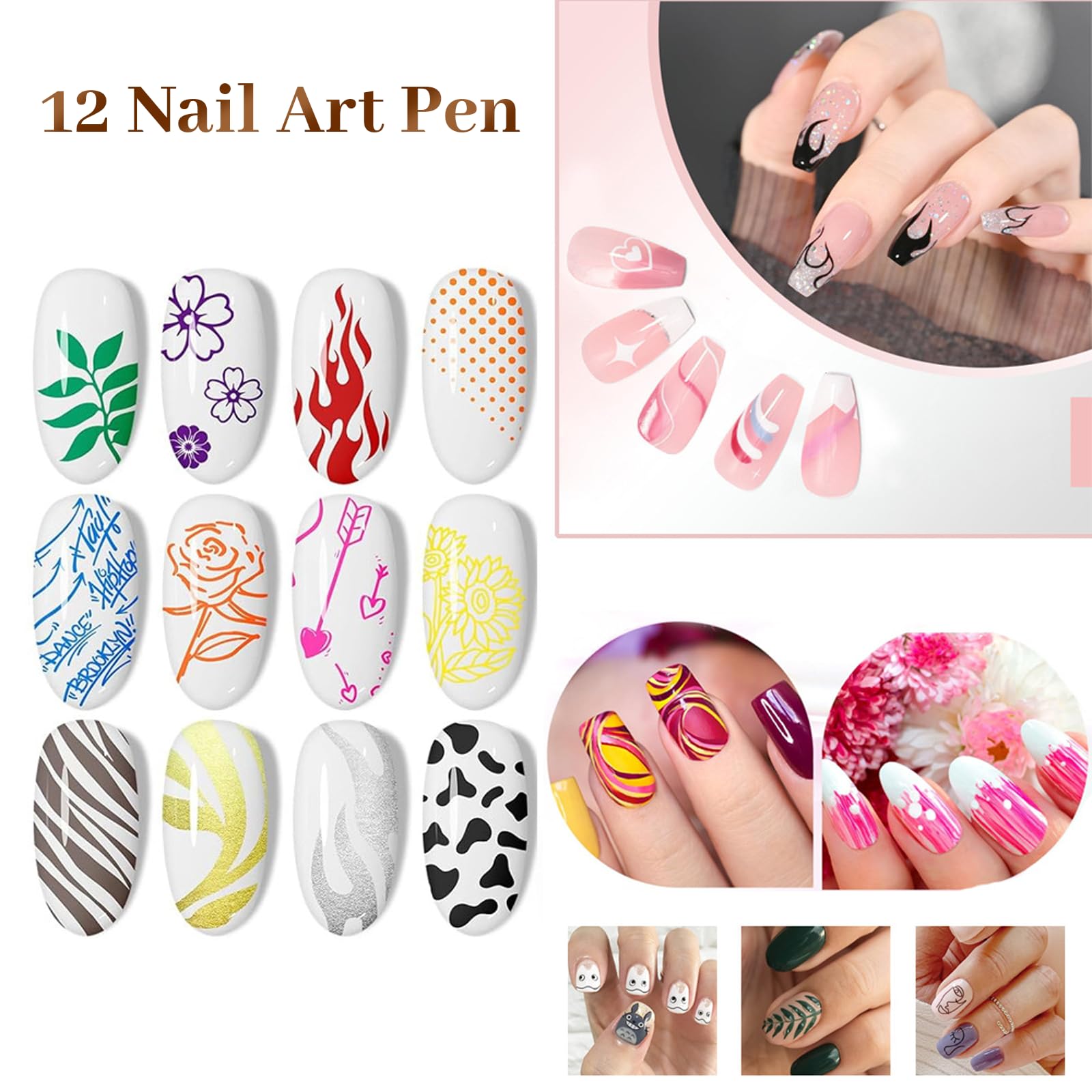 Stylo Dessin Ongles Set, 12 Couleurs Marqueur Nail Art à Base d'Eau, Pointe Fine pour Graffiti et Lignes, Outil de Décoration DIY, Déco Ongle Professionnelle