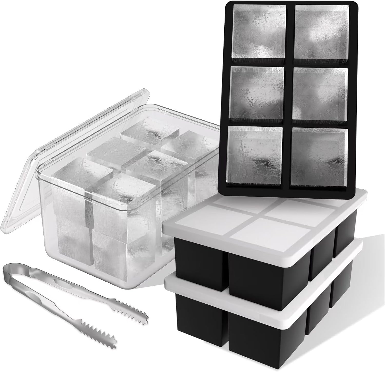 Samuelworld Large Ice Cube Tray with Lid and Bin: 2 Inch Silicone Old Fashioned Ice Cube Mold with Lid and Bin, Big Square Ice Cube Maker for Whiskey-3 Pack (With Ice Tong) - Thumbnail 2