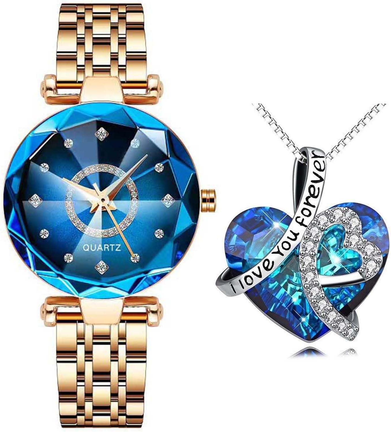 Watches for Women Stainless Ladies Luxury Diamond Dress Business Crystal Blue with Heart Pendant