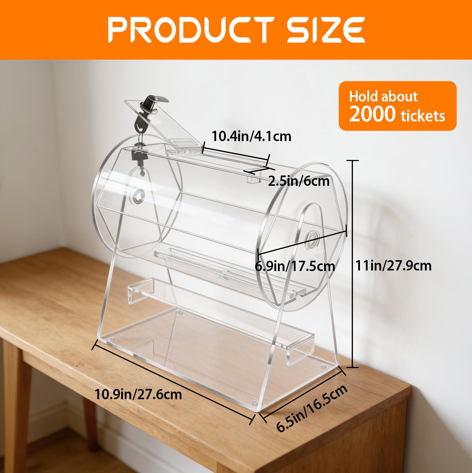 Lostrommel mit Griff Acryl Tombola, Spinner Käfig Transparent Tombola Ticket Box, Tombola Trommel mit 2 Schlüsseln, Tombola Drum für 2000 Tickets, Los-Drehkäfig für Lotteriespiele Bingo Tombola