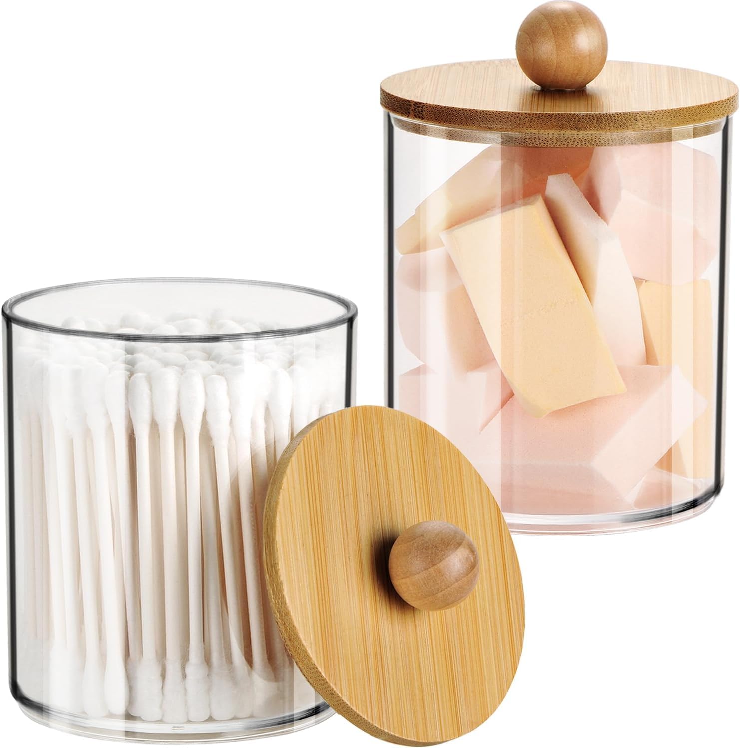 Soko 2 Pack Qtip Holder with Bamboo Lids, Cotton Swab Storage Dispenser, Acrylic Vanity Countertop Cosmetic Makeup Organizer - Bathroom Canister Accessories Set for Ball, Pads, Floss, Earbud - 2 PC
