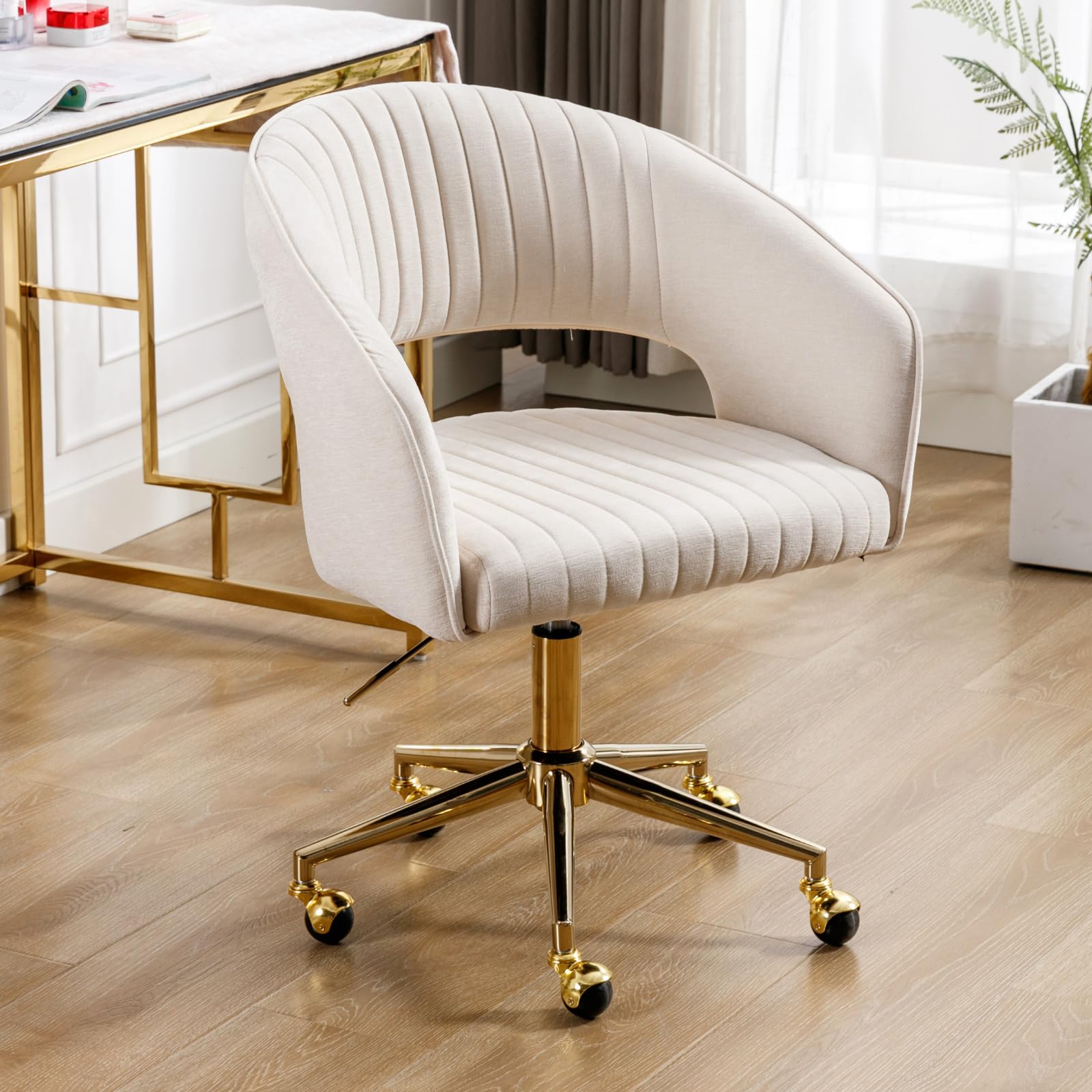 Ya-Home Silla de Escritorio Chenilla Silla de Oficina Giratoria,Silla de Trabajo Moderna Altura Ajustable Silla Tocador con Base Doradas para Dormitorio/Despacho,Beige