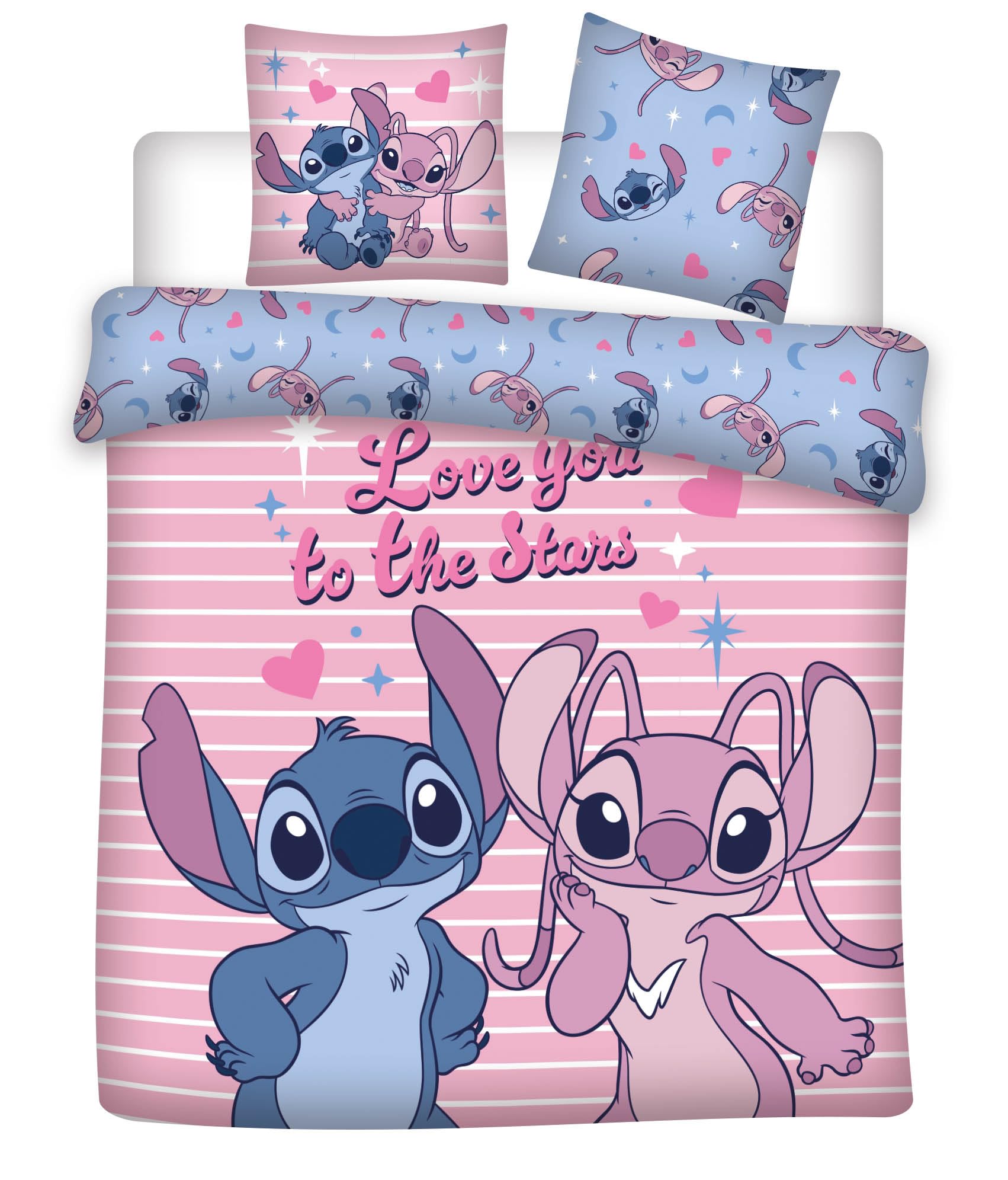 Stitch Angel Love Stars Funda Nórdica Cama 150 240x220 + 2 Fundas Almohada | Ropa de cama 2 personas reversible | Polialgodón secado rápido Oeko-Tex | Disney | Botones | Regalo pareja | Idea regalo