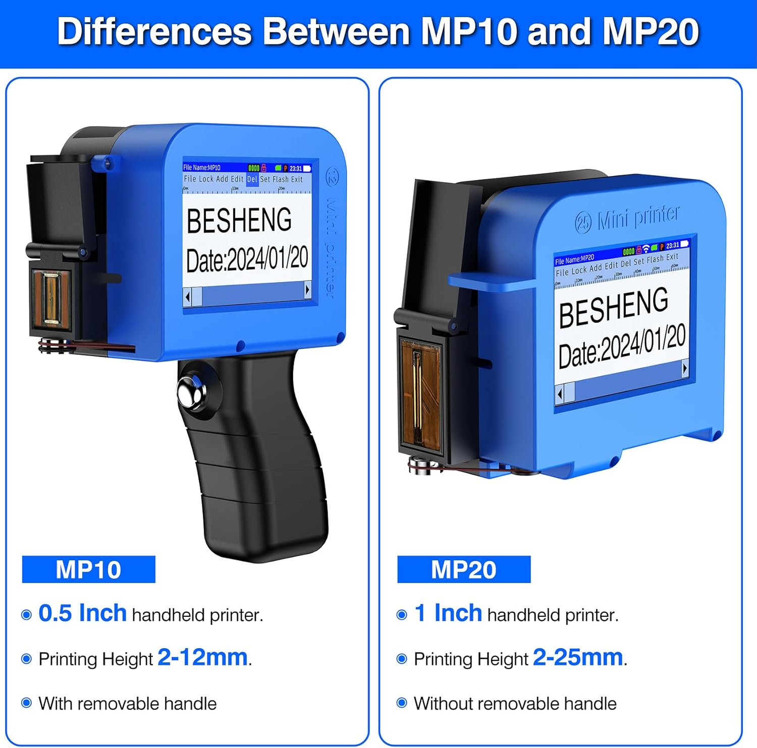 Mini Handheld Inkjet Printer, Handheld Printer Portable with 42ml Fast-Drying Solvent Ink Handheld Inkjet Printer Gun for Date/Batch/QRcode/Barcode Handheld Printer for Any Surface (MP20, 1inch)