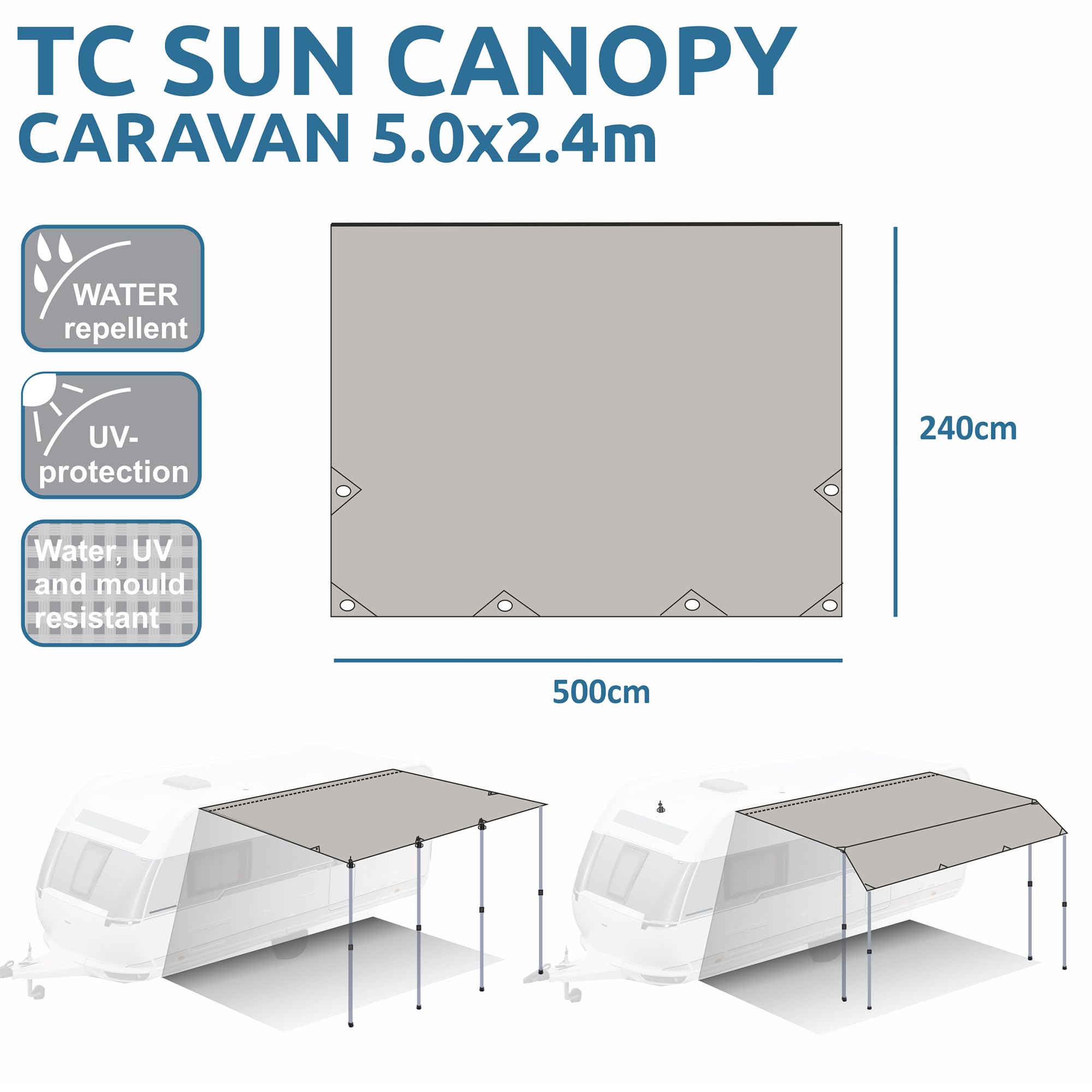 GEAR Caravan Tarp TC Wohnwagen Sonnendach wasserdichtes Baumwoll-Sonnensegel UV 50+ Alu-Teleskopstangen 500 x 240 cm Beige Sand