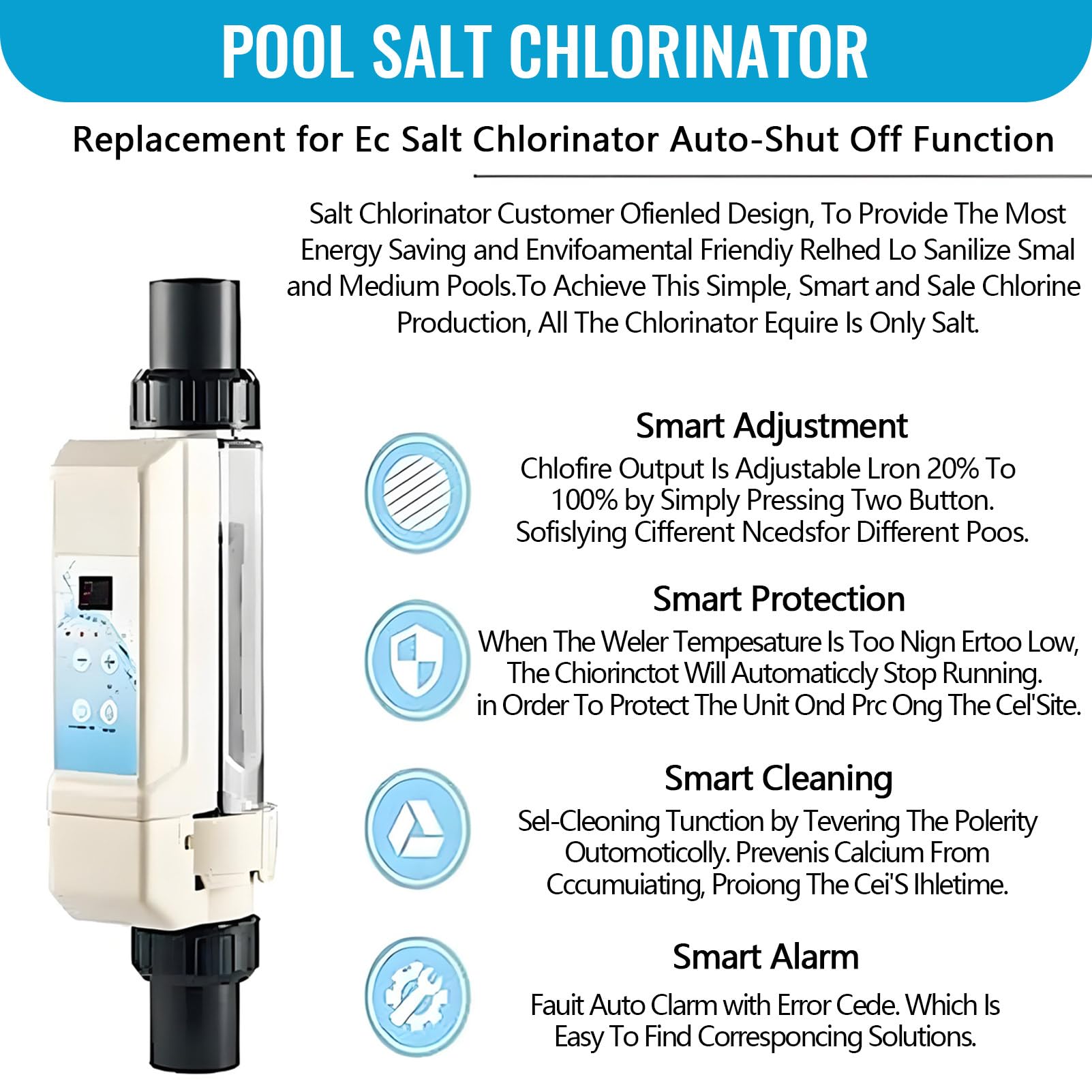 Clorador De Agua Salada, Electrolizador De Cloro De CloracióN Salina, Funciones Completas, para Piscinas, Clorinador De Agua Salada. EC8