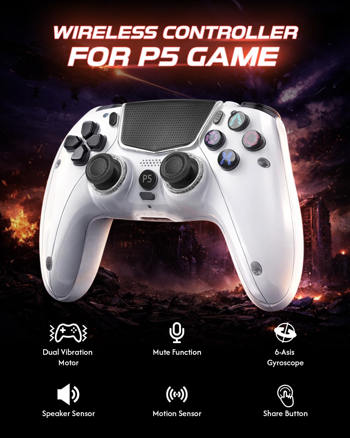 MTEZIZ Mando Inalámbrico para PS-5/PC/MAC/iOS/Android/Steam Deck, Gamepad con Doble Vibración/Conector para Auriculares
