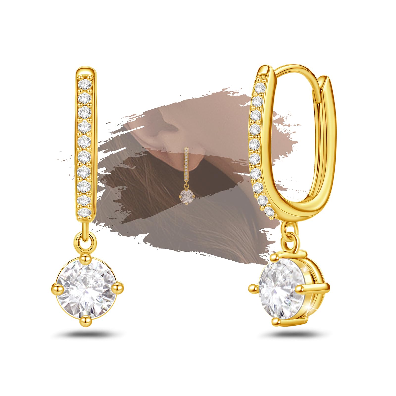 Sterling Silver U Hoop Earrings for Women Trendy Hypoallergenic Sparkle Round Cubic Zirconia U-Shaped Dangle Hoop Earring for Sensitive Ears