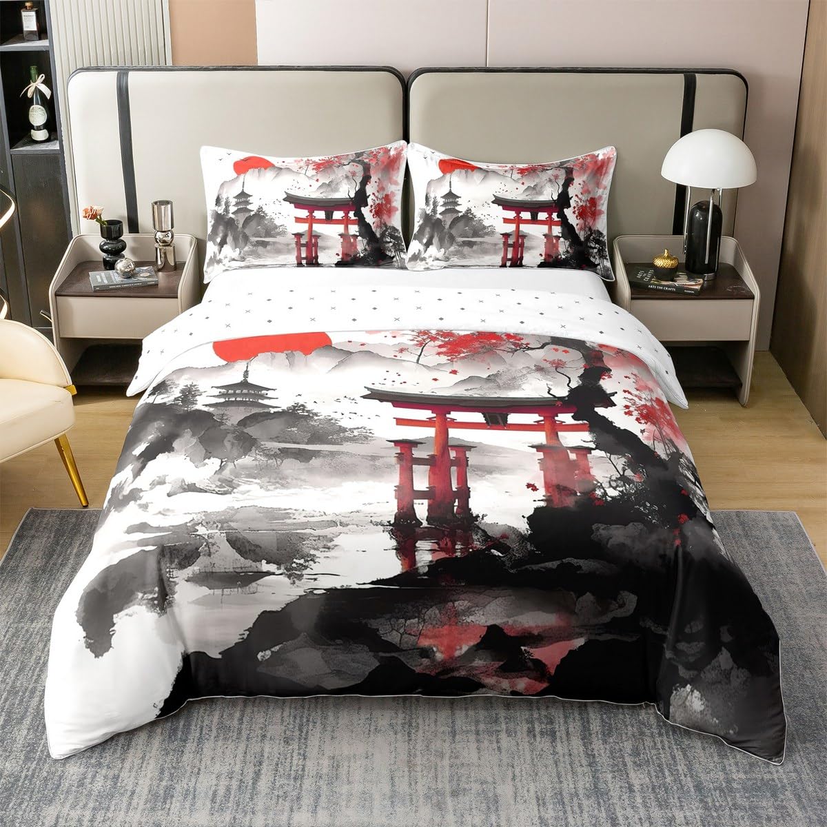 Housse de couette cerisier japonais en coton pour lit enfant zen