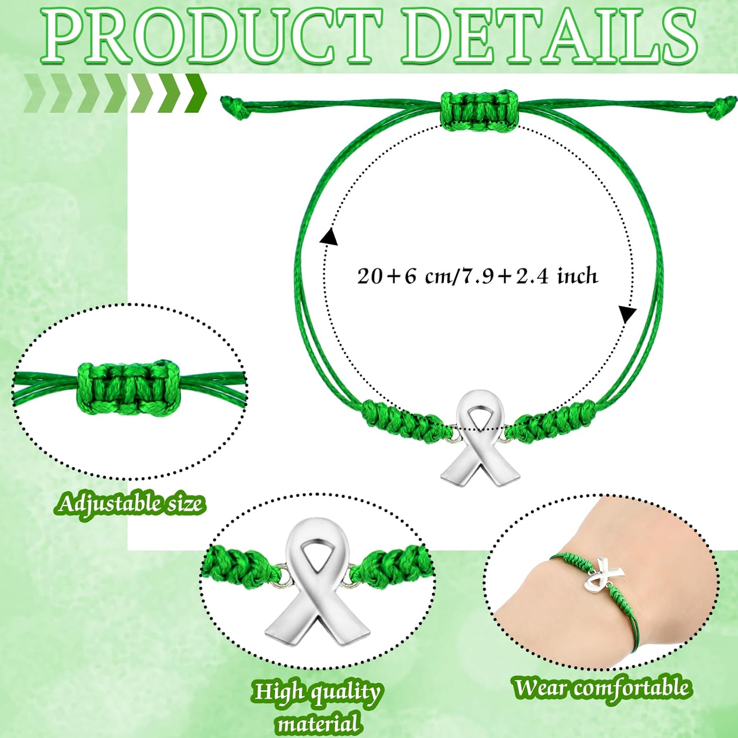 60 Pcs Green Mental Health Awareness Accessories Include 30 Braided Bracelets 30 Ribbon Pins World Mental Health Day Lime Green Gifts for Women Men Jewelry - Image 3