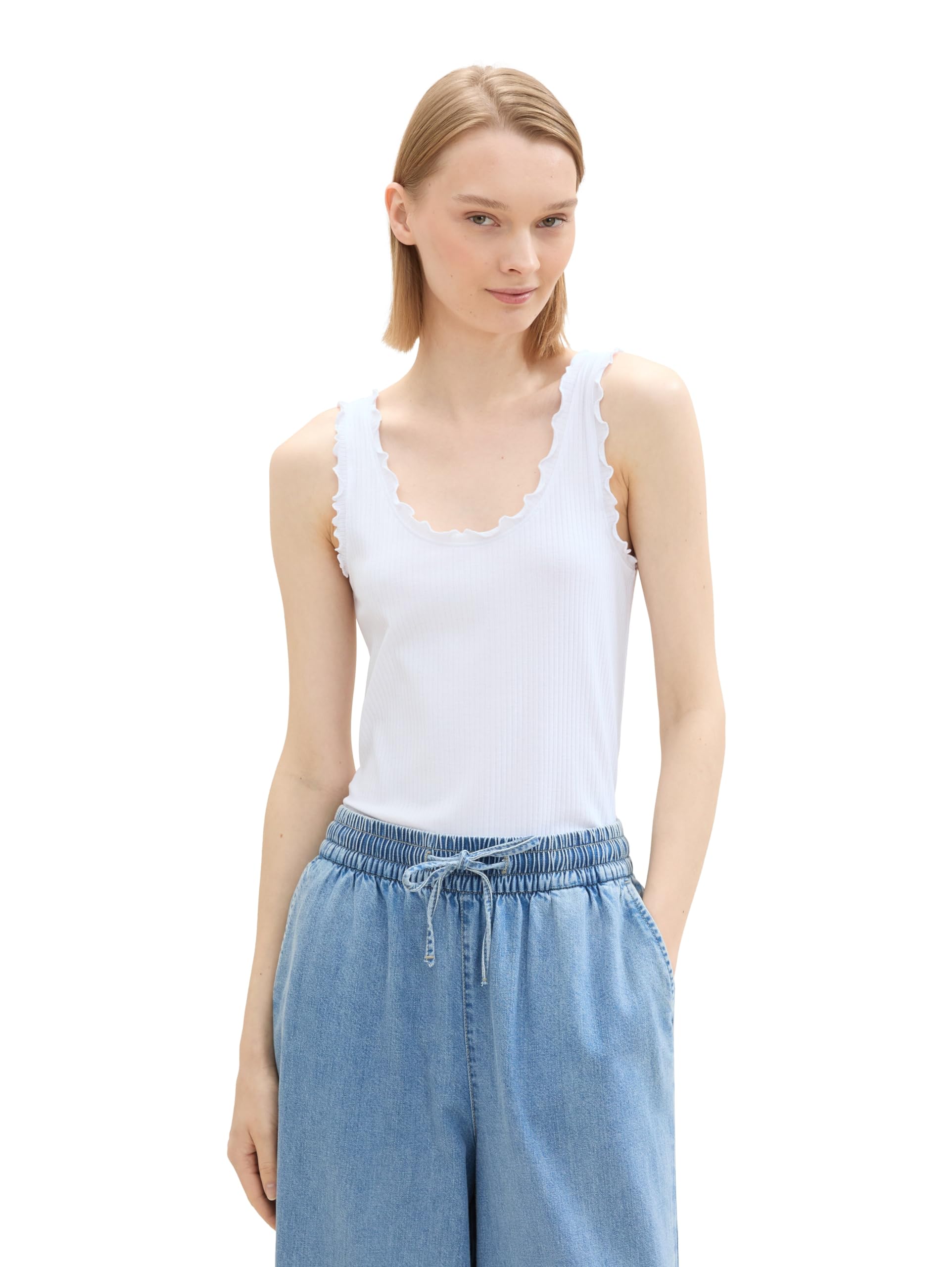 TOM TAILOR Denim Women's 1042795 Ruffle Detail Tank Top, 20000-White, XL