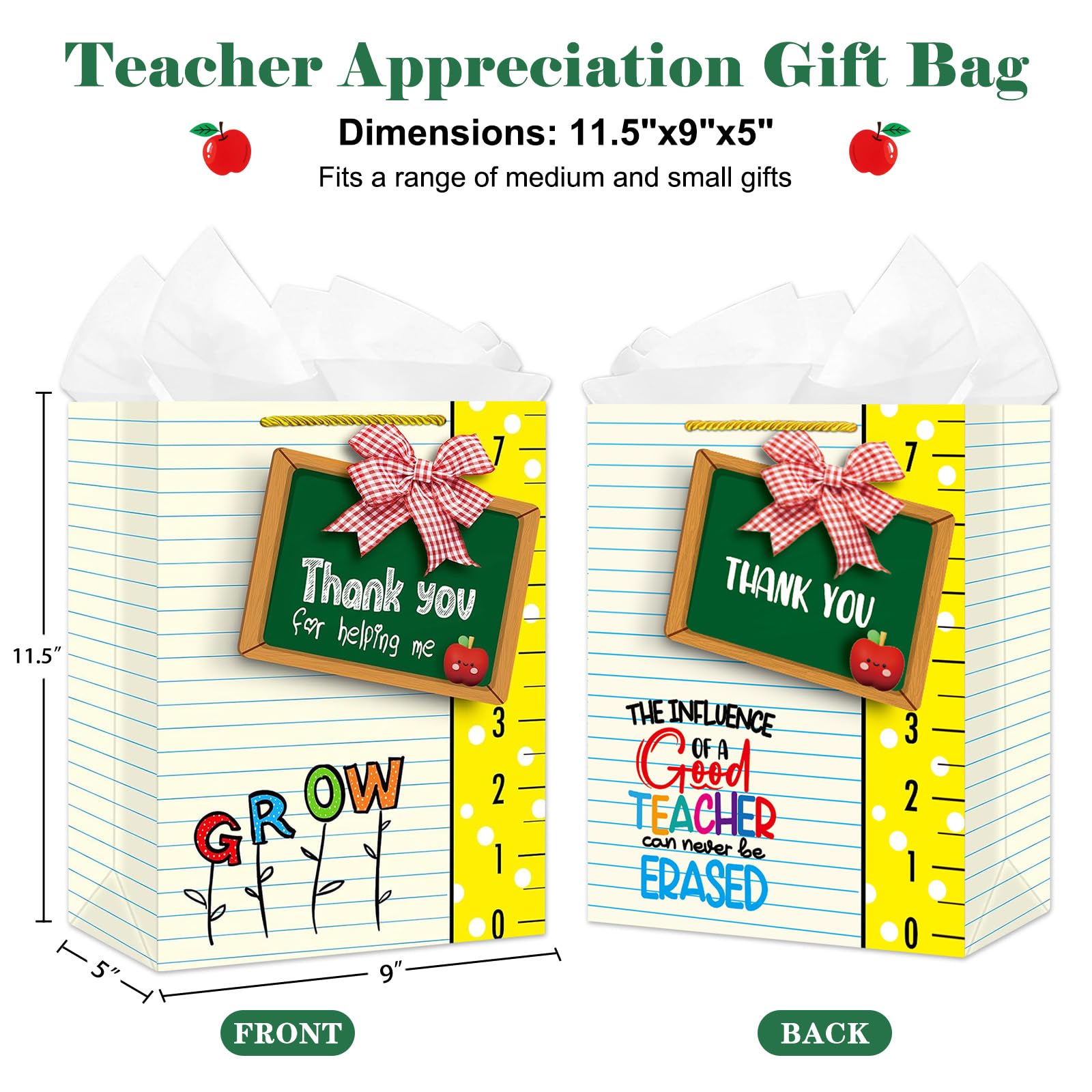 D4DREAM Teacher Gift Bag - 11.5'' Sturdy End of Year Teacher Appreciation Gift Bag with Handles and Tissue Paper for Graduation Teachers Retirement Teacher Party Supplies