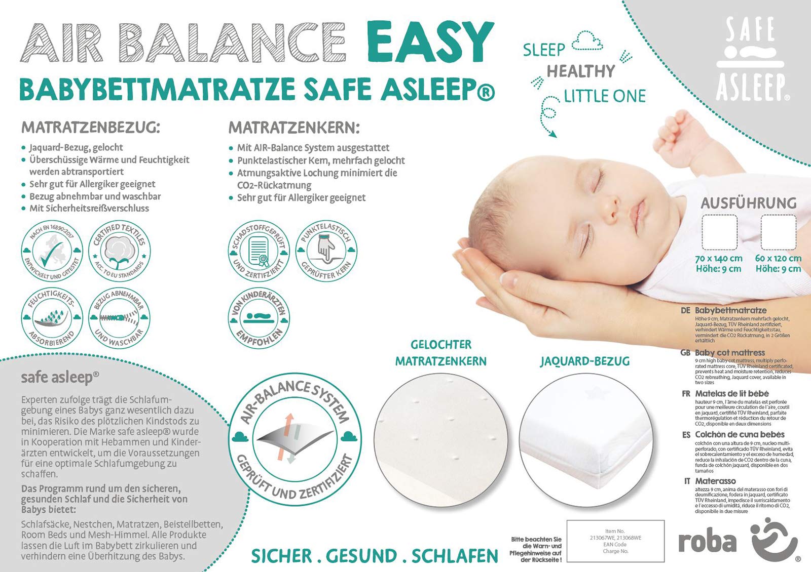 roba Babymatratze 60 x 120 cm - AIR BALANCE EASY - safe asleep - Matratze für Babybetten - Optimales Schlafklima für Babys