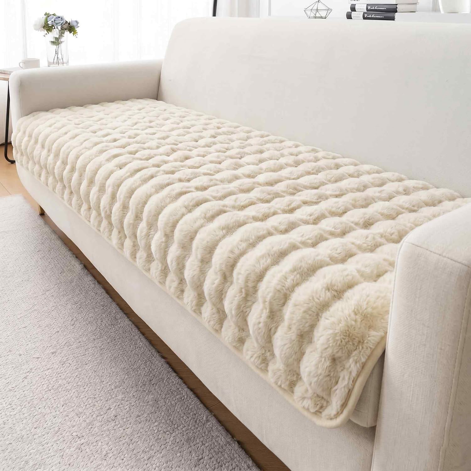 Styleys Faux Rabbit Fur Sofa Cover Mat for L Shape & 1/2/3 Seater Sofa – Ultra Soft, Non-Slip, Washable Couch Protector – Luxurious Furniture Cover for Living Room - 70X60cm, Beige, PPTMSFD-3A-image-30