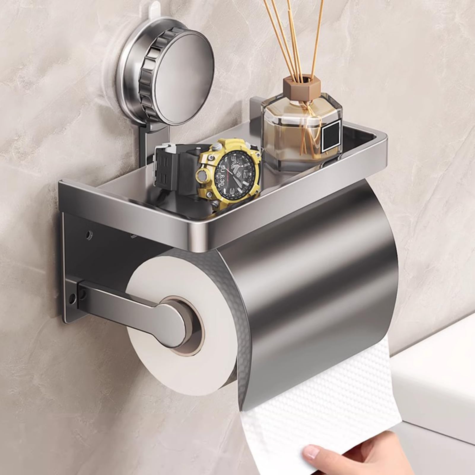 Porta carta igienica con ripiano, in acciaio inox, senza foratura, con ventosa, cromato lucido, grigio