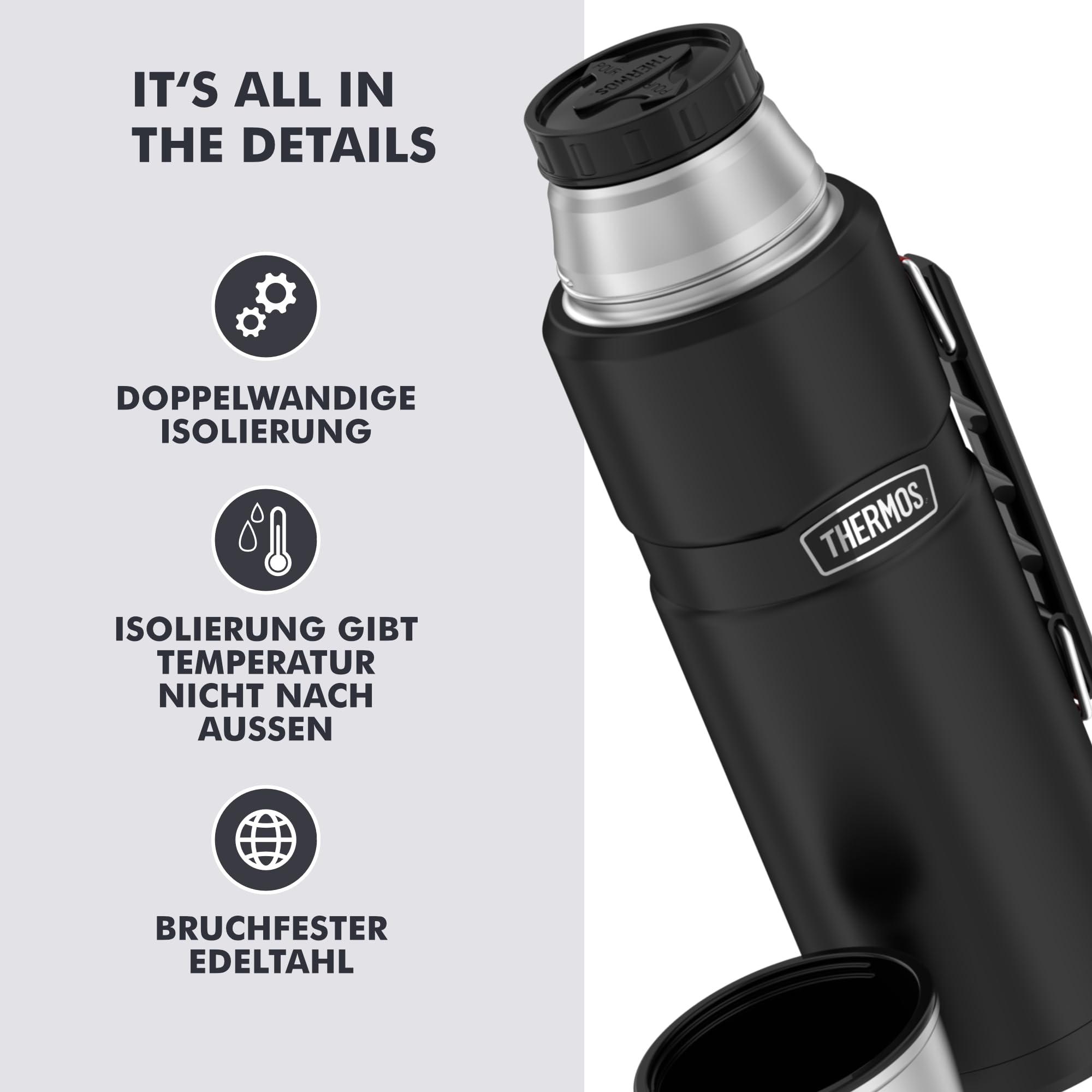 THERMOS STAINLESS KING Thermosflasche 1,20 l, 24 h heiß, charcoal black mat | 24 h kalt, mit Trinkbecher und Griff, absolut dicht, Edelstahl-Isolierflasche, spülmaschinenfest, schwarz matt