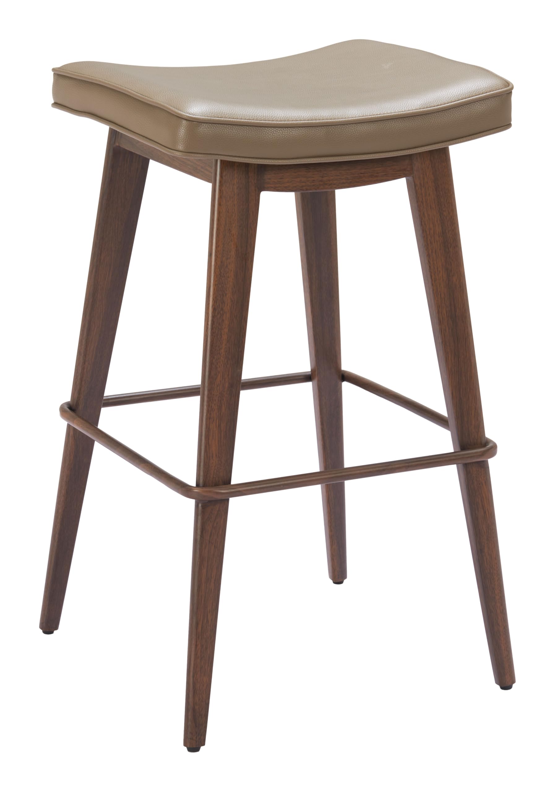 Set Of 2 Divat Barstools In Taupe And Walnut Made with Faux Leather, Overall Dimensions 18.5" W x 18.5" D x 31.1" H, Very Small Knicks in the Metal On The Footrest(Not Easily Seen) 