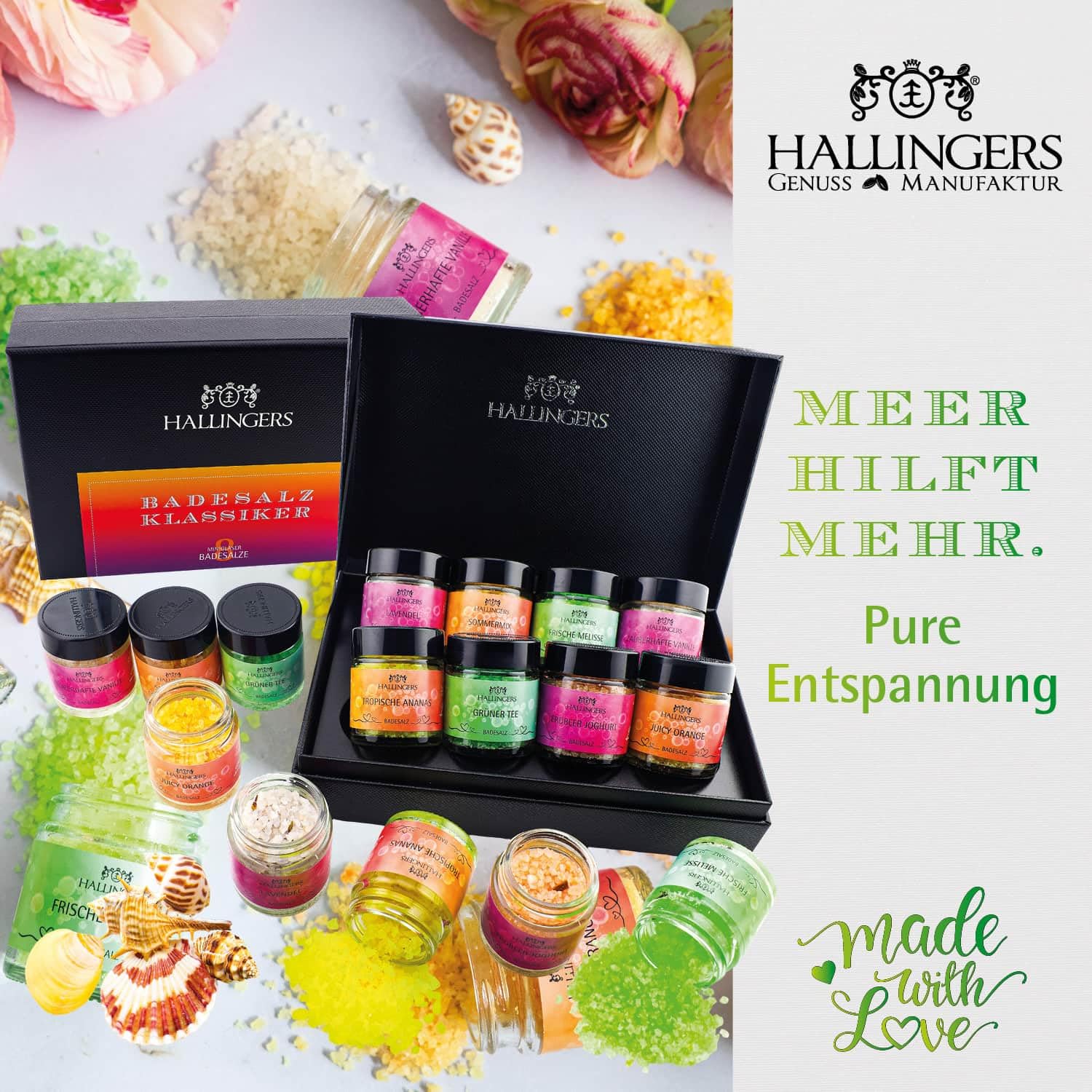Hallingers Genuss Manufaktur Feinkost Geschenk-Set - XXL-Geschenkkorb "Gute Besserung" großer Genesungsgruß Bunte Nudeln, Tee, Pralien, Badezusatz, Nougat & mehr, Geschenkidee für Frauen Männer