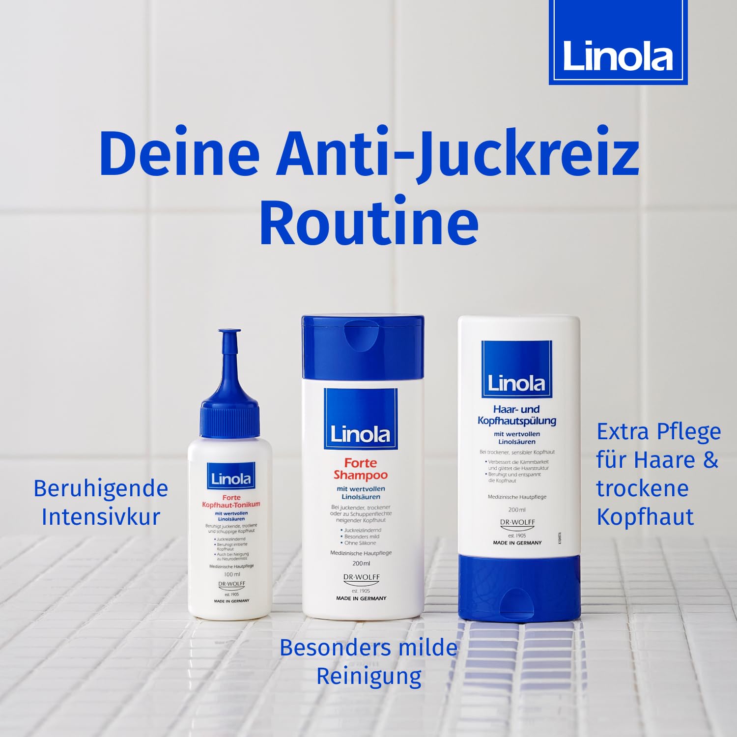Linola Forte Shampoo 200 ml + Haar- und Kopfhautspülung 200 ml + Forte Kopfhaut-Tonikum 100 ml - Kopfhautpflege-Set bei juckender, trockener und schuppiger Kopfhaut