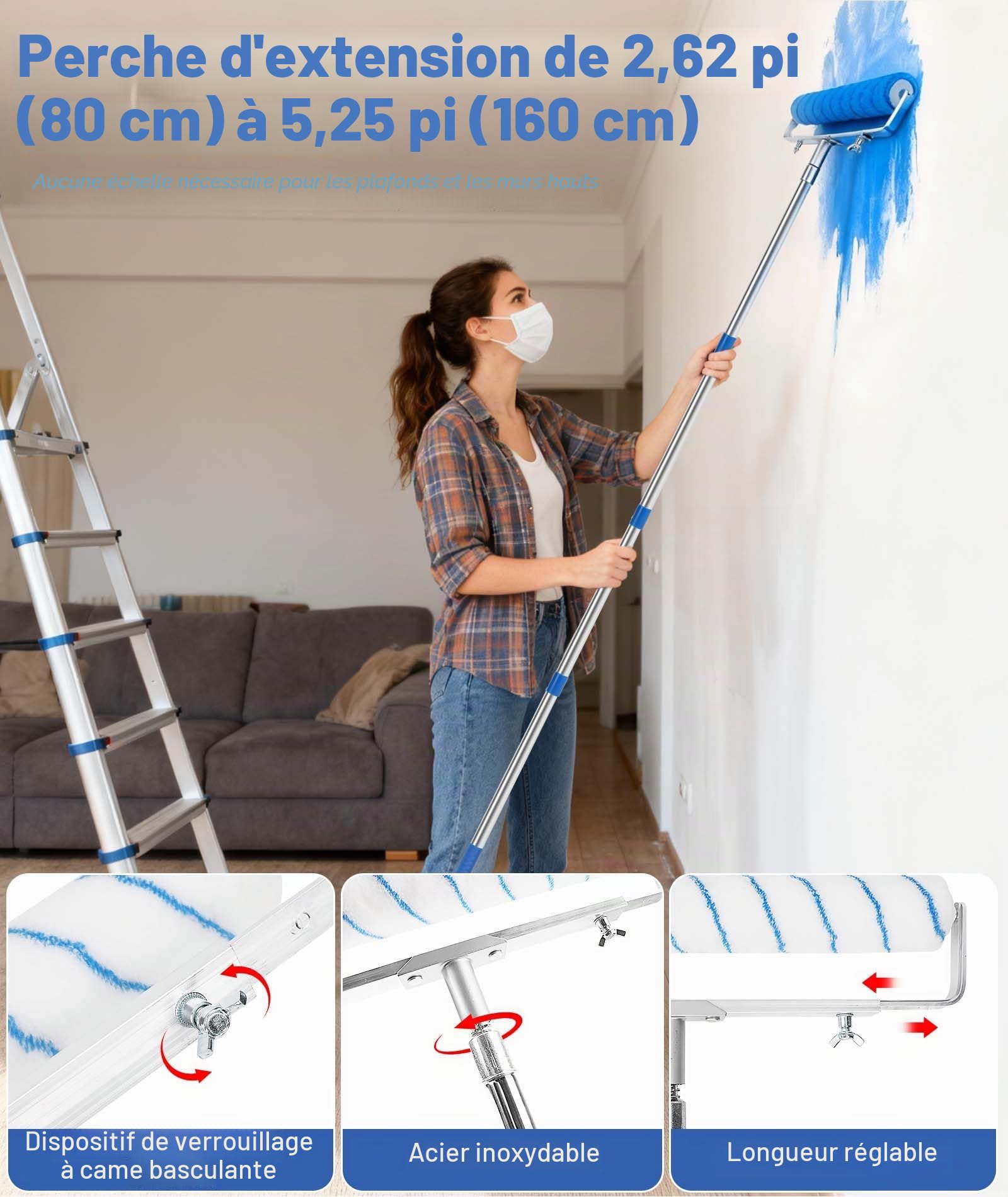 Qivine Kit de Rouleau de Peinture de 45 cm, 13 Pièces Kit de Peinture Complet avec 4 Perch Télescopique, Cadre Réglable, Bac à Roulettes, Pinceau, Spatule, Mélangeur, pour Murs et Plafonds
