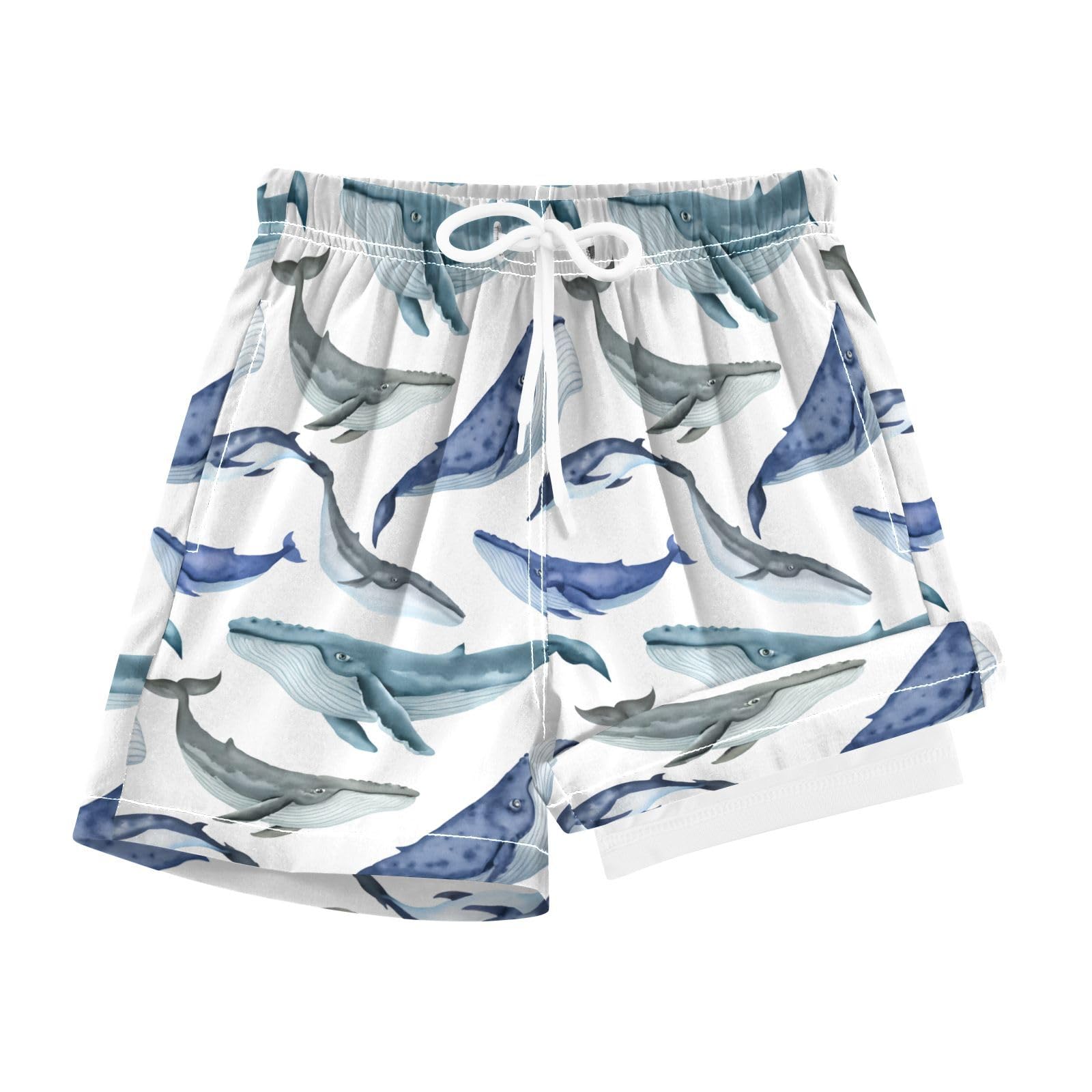 YANENDIE Boy Swim Trunks with Compression Liner Watercolor Whales Boys Swim Shorts Quick Dry Beach Shorts