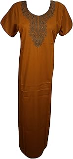 Mogul Interior Women's Long Caftan Russet Embroidered Cotton Kaftan Nightgown L