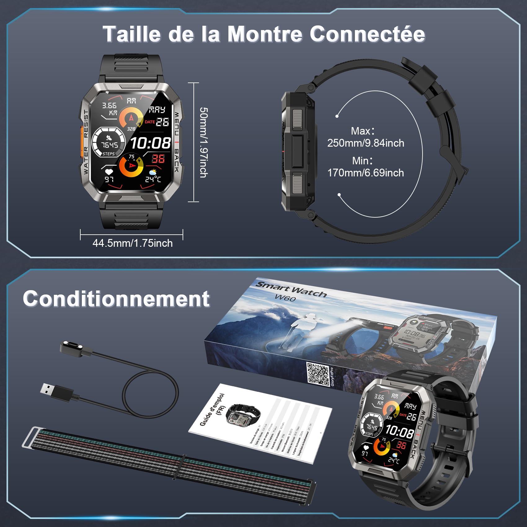 Militaire Montre Connectée Homme Femme, 2.01" HD, Batterie 900mAh, Appels Bluetooth, Lampe LED, Fréquence Cardiaque & SPO₂, Suivi du Sommeil, 100+ Modes Sportifs,2 Bracelets inc, Android iOS