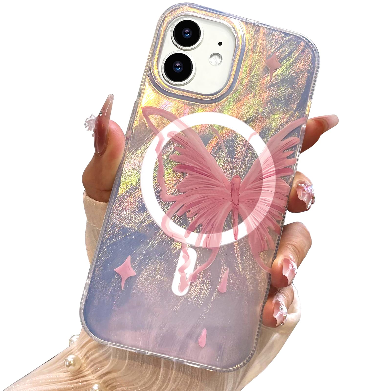 I-MGAE-IN-AR Compact Case for iPhone 11 Pale Pink Butterfly Design,[Compatible with MagSafe] Cute Soft Slim TPU Shockproof Protective Phone Cases