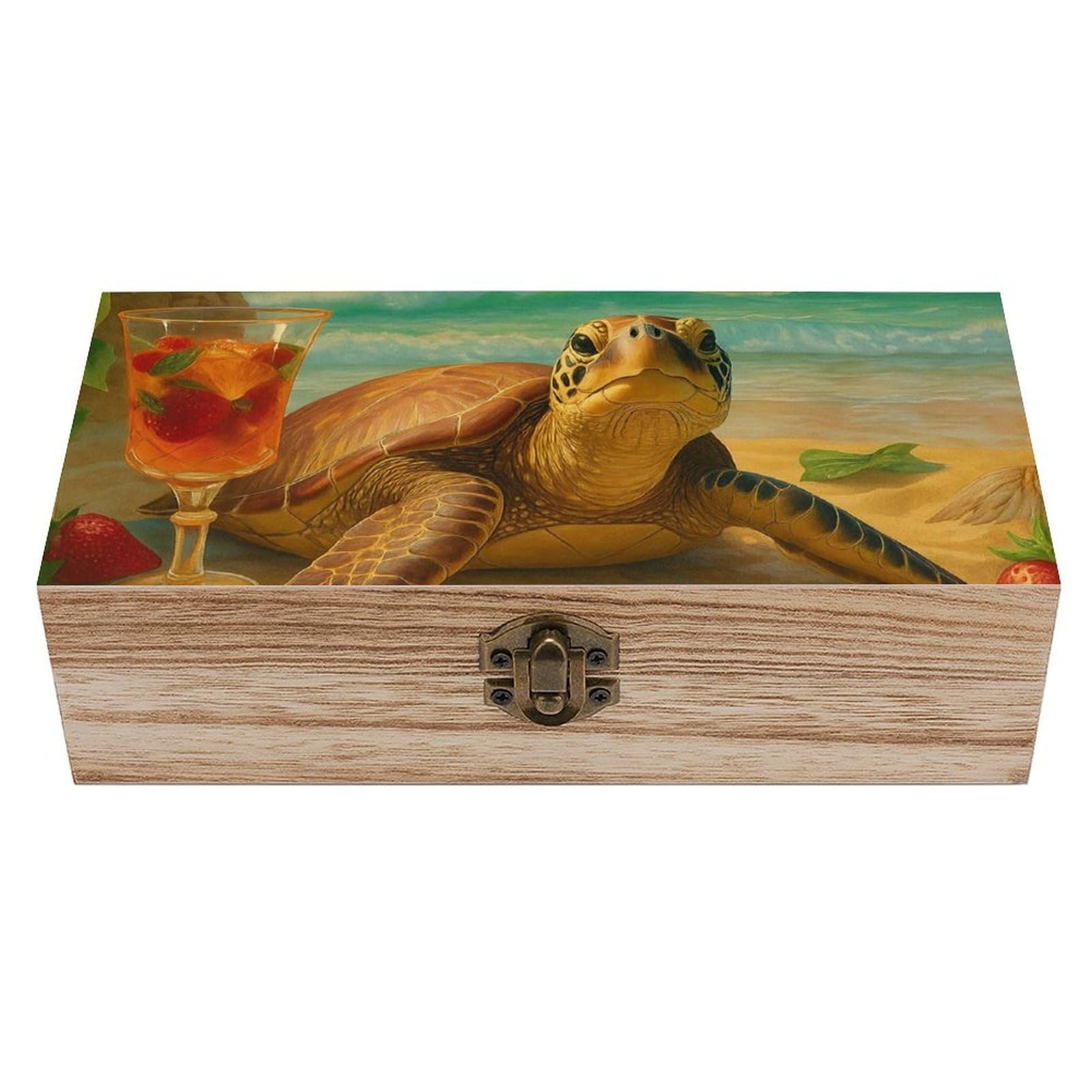 Oudrspo Vacation Sea Turtle And Strawberry Retro Wooden Storage Box Keepsake Jewelry Decorative Art Storages Box Gift Boxs