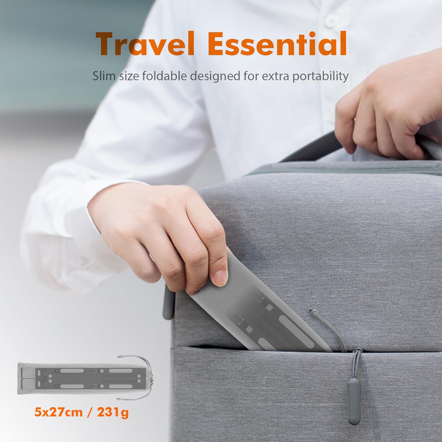 Folded laptop stand being placed into a carrying bag