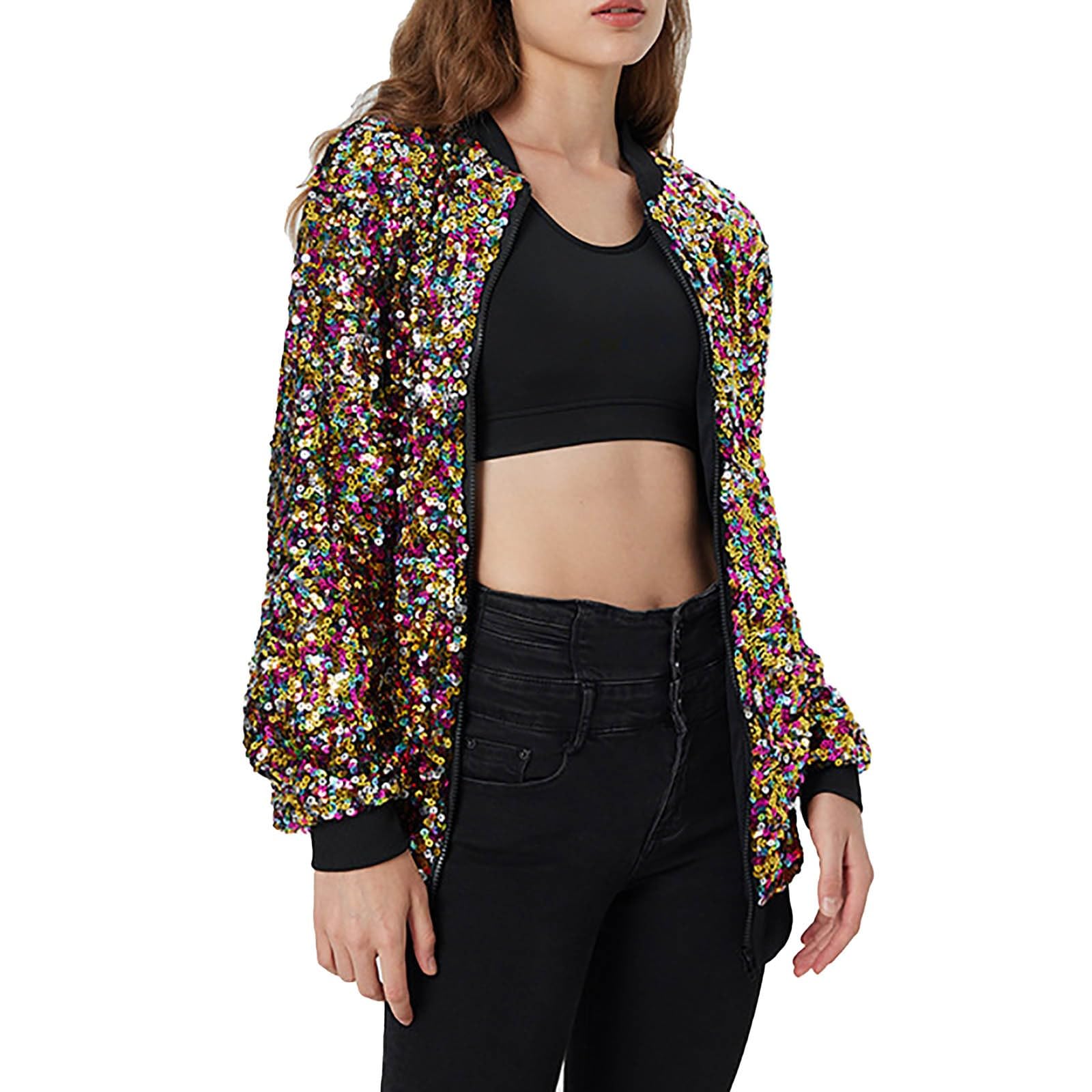 Pailletten Jacke Damen Glitzer Jacke, Damen Pailletten Open Front Blazer Langarm Glitzer Sakko Disco Outfit Blazer Langarm Sparkle Open Front Schalkragen Cardigan